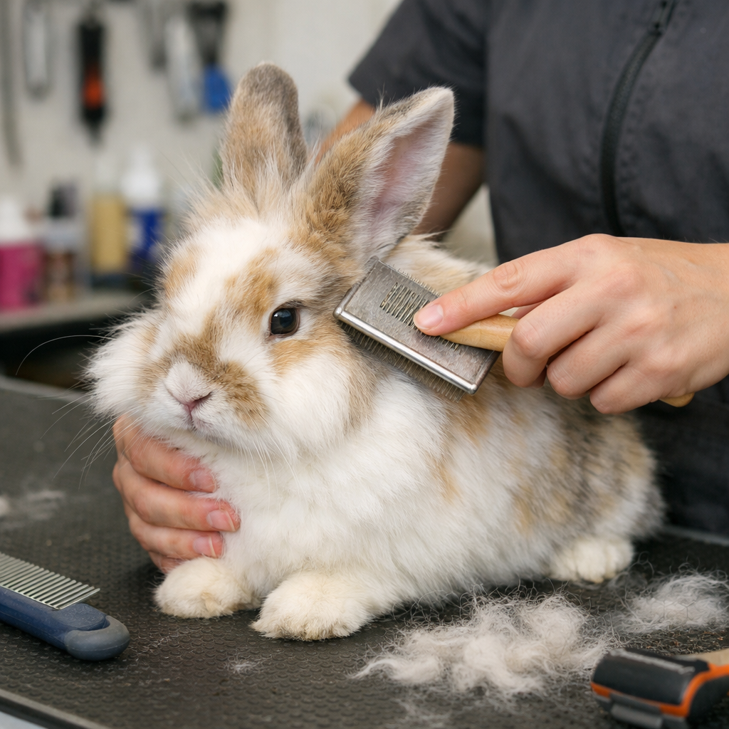 Toilettage d'un lapin blanc chez le toiletteur à Fontenay-le-Comte
